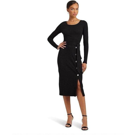 Lauren Ralph Lauren Belted Rib-Knit Dress Button Down Skirt w Side Split, Sz 12 - Picture 1 of 3